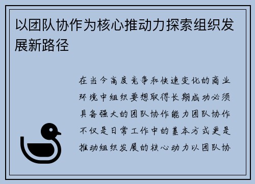 以团队协作为核心推动力探索组织发展新路径
