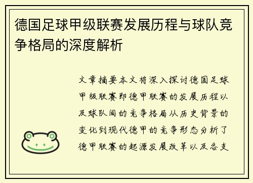 德国足球甲级联赛发展历程与球队竞争格局的深度解析