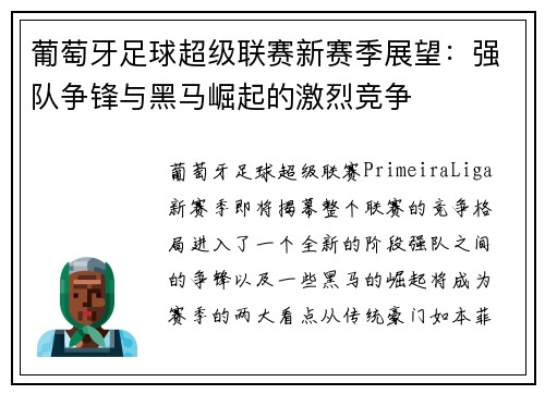 葡萄牙足球超级联赛新赛季展望：强队争锋与黑马崛起的激烈竞争